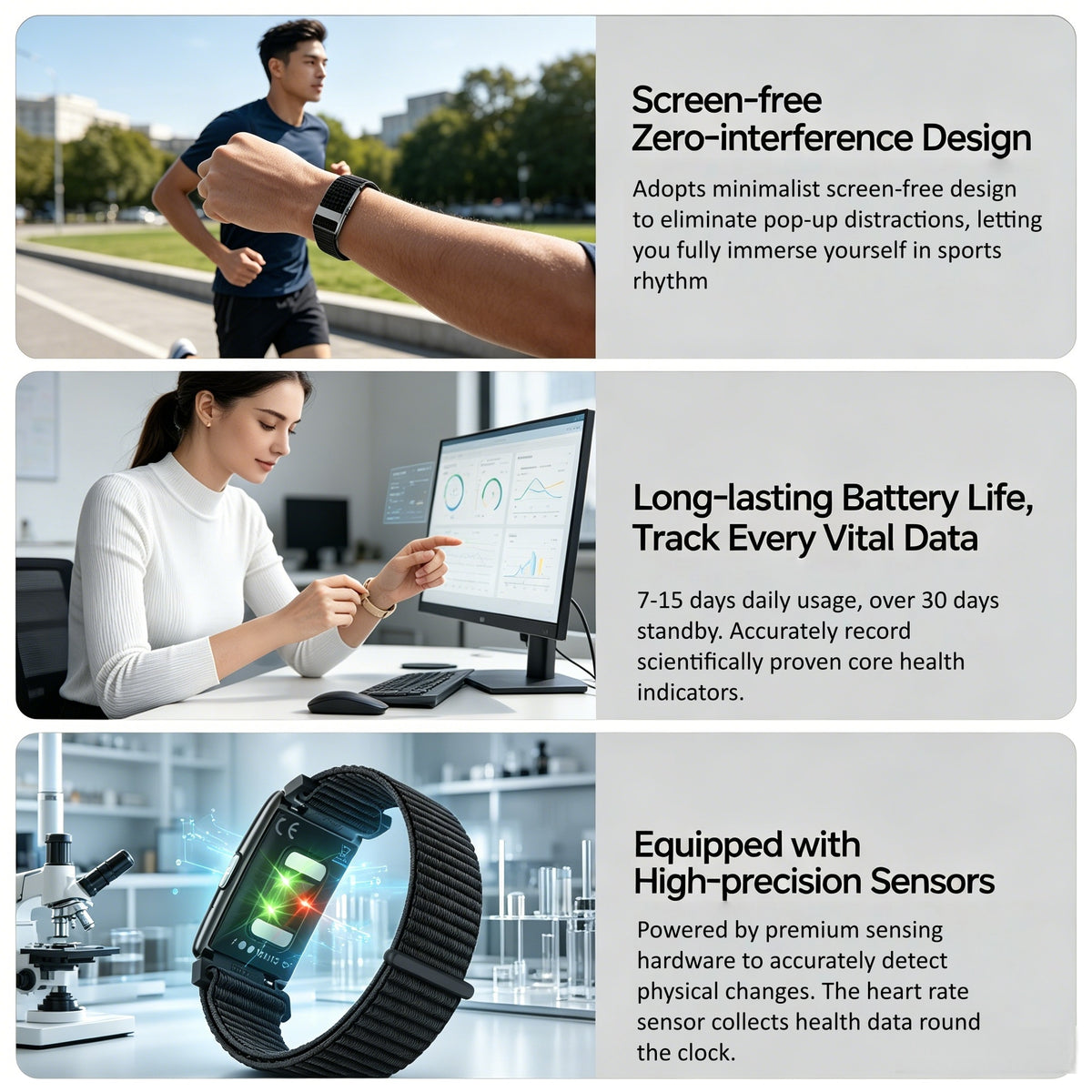 Screenless ECG Fitness Tracker, Independent Triple Sensors Built-in GPS Activity Band, IP68 Waterproof Health Watch Monitor ECG, Heart Rate, SpO2, Sleep & Women Cycle, 7-15 Days Battery, Multi-Language APP with Family Data Sharing