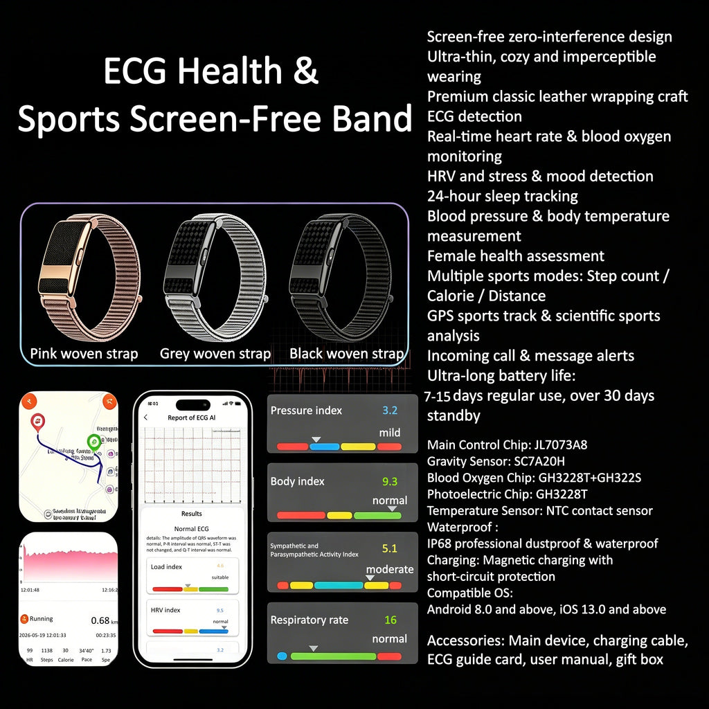 Screenless ECG Fitness Tracker, Independent Triple Sensors Built-in GPS Activity Band, IP68 Waterproof Health Watch Monitor ECG, Heart Rate, SpO2, Sleep & Women Cycle, 7-15 Days Battery, Multi-Language APP with Family Data Sharing